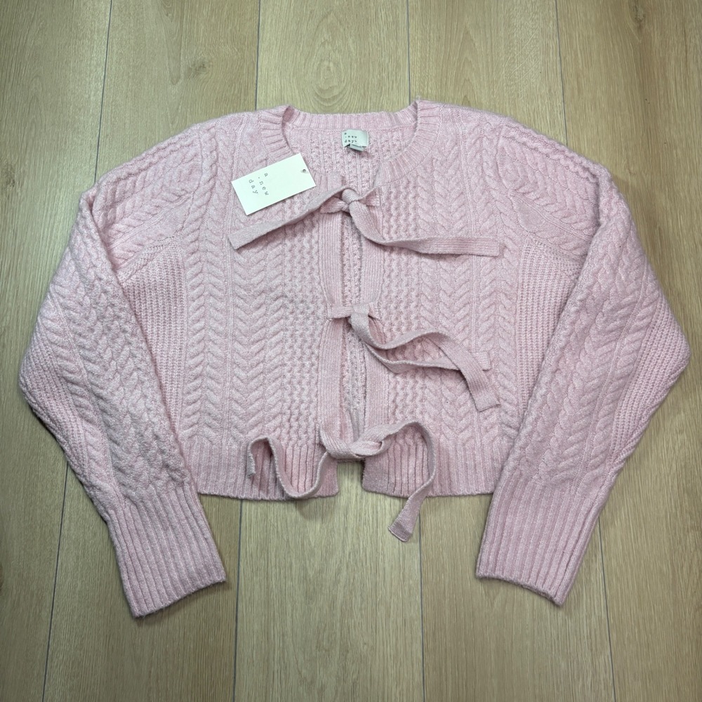 A New Day Pink Cable Knit Tie Front Cropped Cardigan Sweater Large NWT